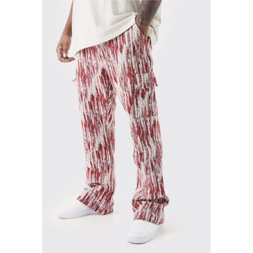 BoohooMAN Tall Slim Flare Tapestry Cargo‎ Trouser Red Size 34x36 NWT